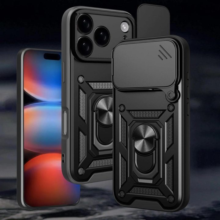 Dėklas juodas atsparus smūgiams su stovu ir kameros dangteliu iPhone 17 Pro