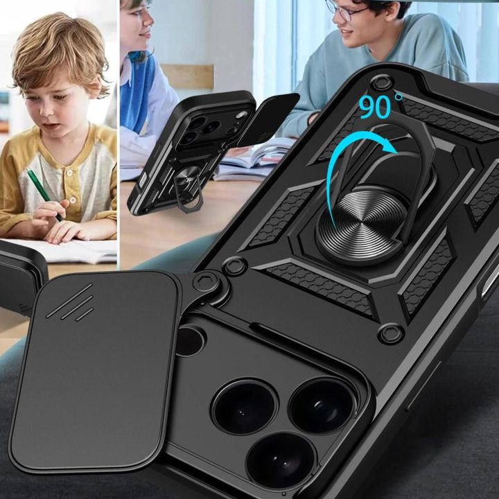 Dėklas juodas atsparus smūgiams su stovu ir kameros dangteliu iPhone 17 Pro