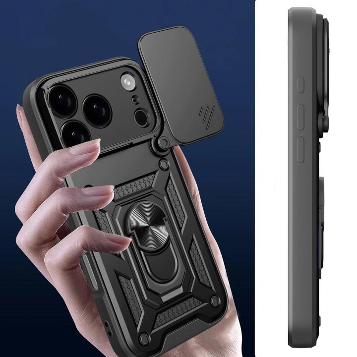 Dėklas juodas atsparus smūgiams su stovu ir kameros dangteliu iPhone 17 Pro