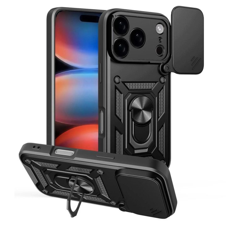 Dėklas juodas atsparus smūgiams su stovu ir kameros dangteliu iPhone 17 Pro