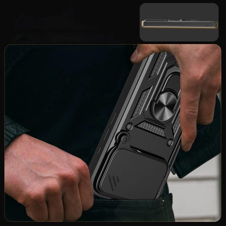 Dėklas juodas atsparus smūgiams su stovu ir kameros dangteliu iPhone 17 Pro