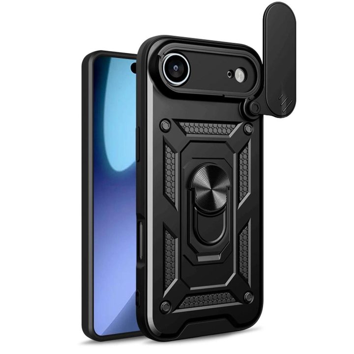 Dėklas juodas atsparus smūgiams su stovu ir kameros dangteliu iPhone 17 Air