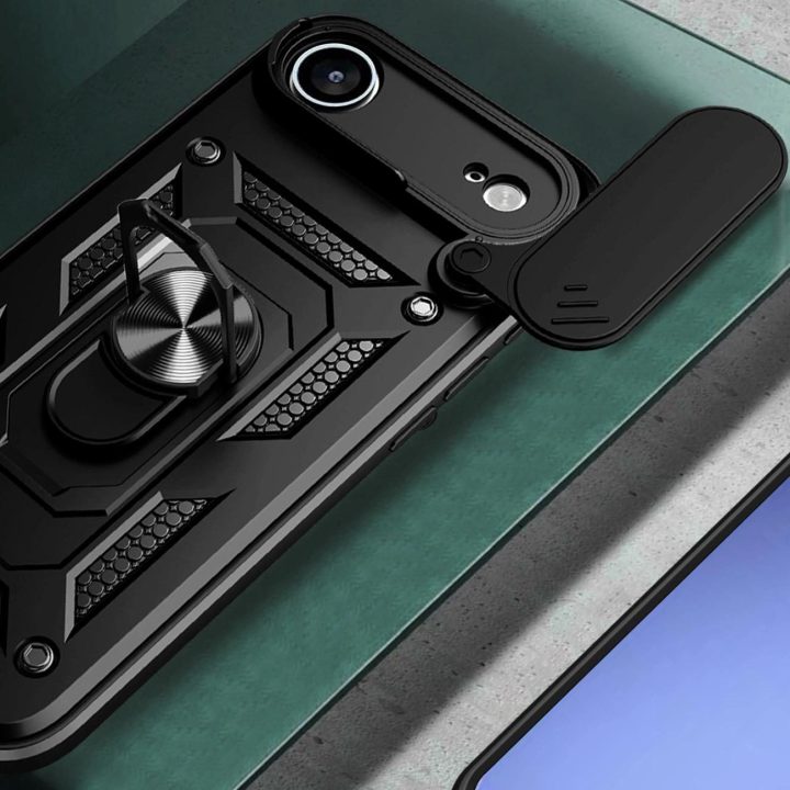 Dėklas juodas atsparus smūgiams su stovu ir kameros dangteliu iPhone 17 Air