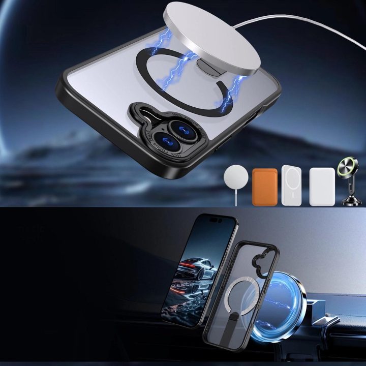 Dėklas iPhone 17 juodas su atrama ir MagSafe palaikymu Hybrid Armor X