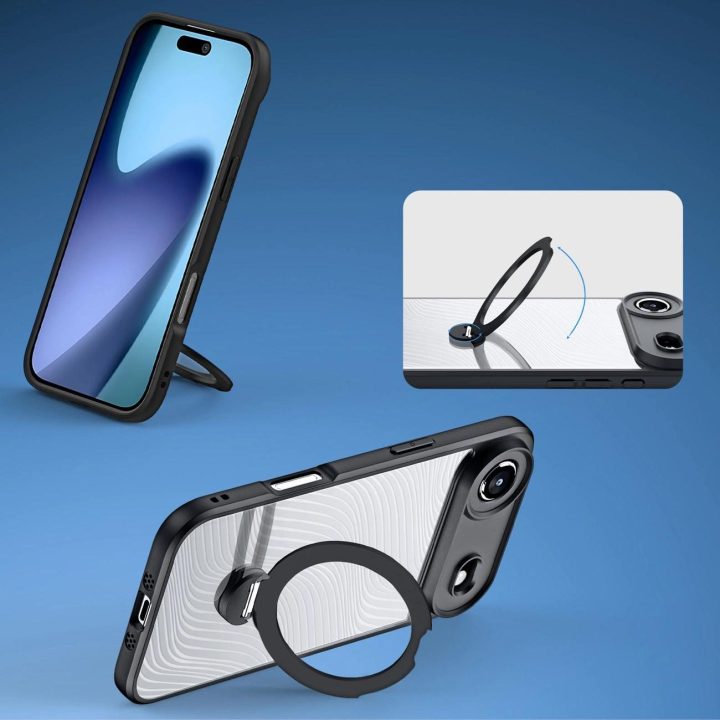 Dėklas telefonui juodas su magnetiniu žiedu ir stovu iPhone 17 Air Aimo