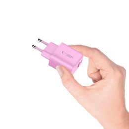 Sieninis įkroviklis rožinis su USB-C ir USB-A jungtimis 20W