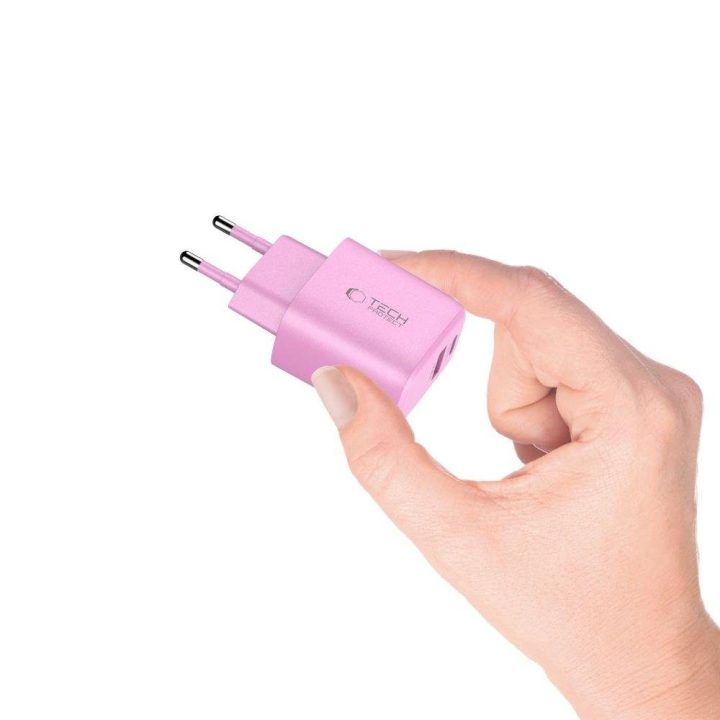 Sieninis įkroviklis rožinis su USB-C ir USB-A jungtimis 20W