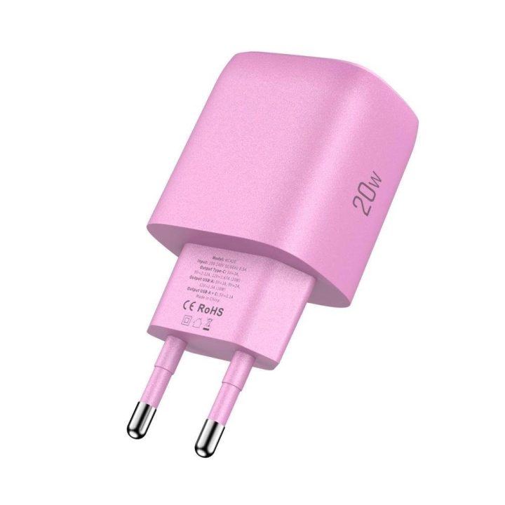 Sieninis įkroviklis rožinis su USB-C ir USB-A jungtimis 20W