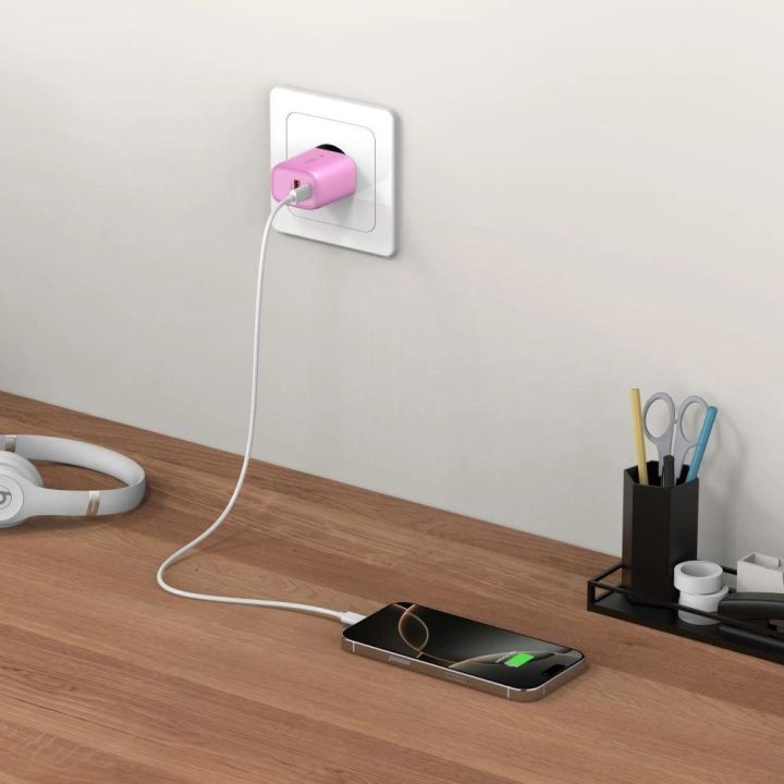 Sieninis įkroviklis rožinis su USB-C ir USB-A jungtimis 20W