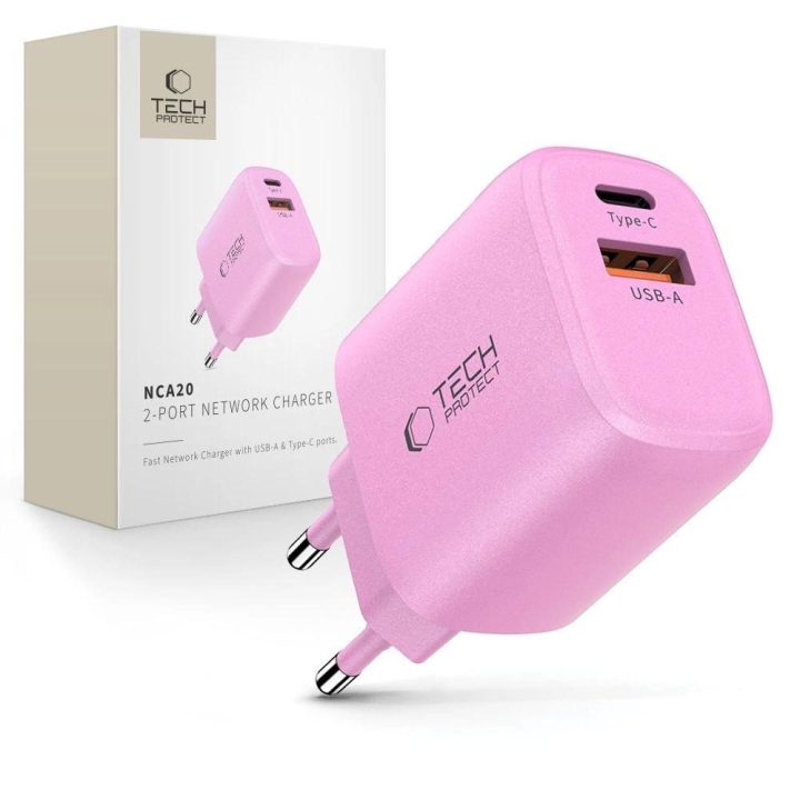 Sieninis įkroviklis rožinis su USB-C ir USB-A jungtimis 20W