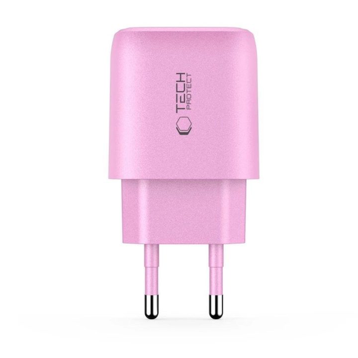 Sieninis įkroviklis rožinis su USB-C ir USB-A jungtimis 20W