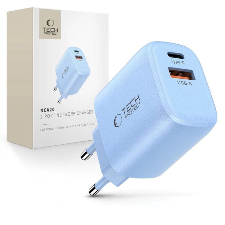Kroviklis mėlynas su USB-C ir USB-A lizdais 20W greitam įkrovimui