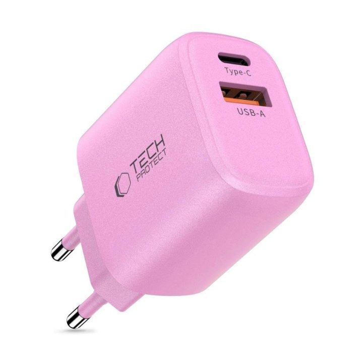 Sieninis įkroviklis USB-C/USB-A 30W rožinis greitam krovimui