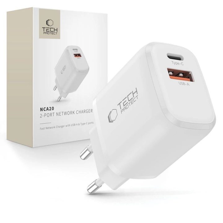 Sieninis įkroviklis baltas su USB-A / USB-C greitu įkrovimu 20W