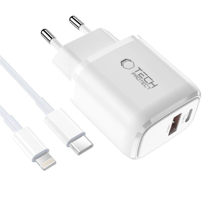 Sieninis įkroviklis su USB-C/Lightning laidu, 20W, baltas,