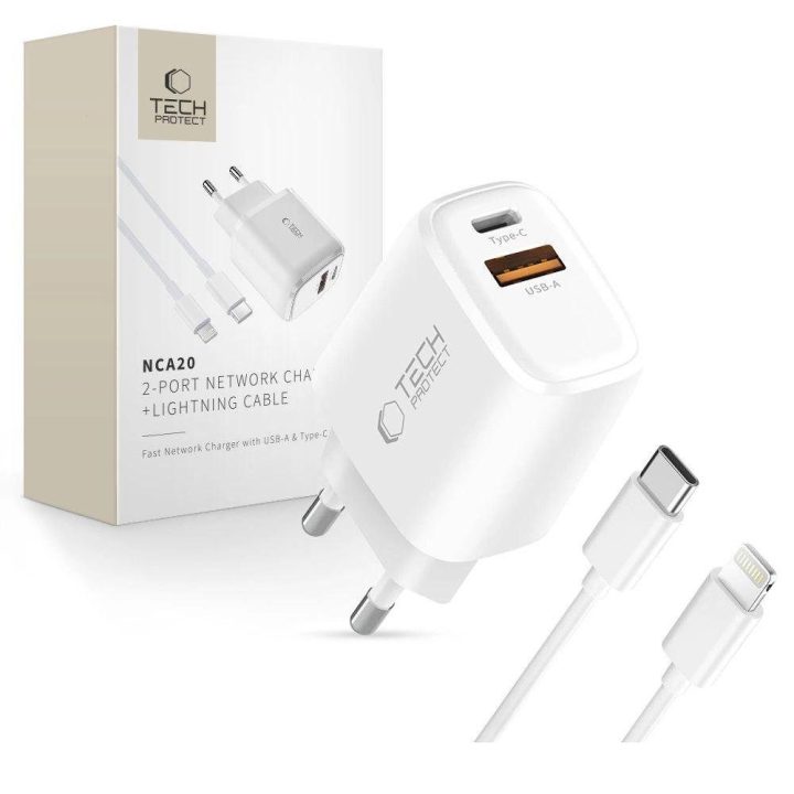 Sieninis įkroviklis su USB-C/Lightning laidu, 20W, baltas,