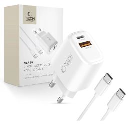 Sieninis įkroviklis su USB-C ir USB-A, 20W greitas įkrovimas, baltas