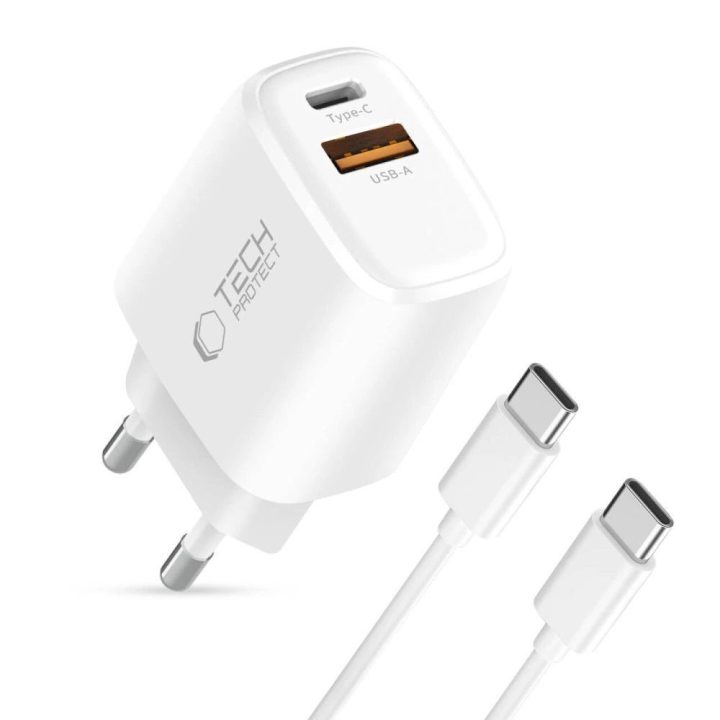 Sieninis įkroviklis su USB-C ir USB-A, 20W greitas įkrovimas, baltas