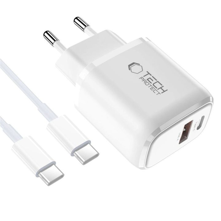 Sieninis įkroviklis su USB-C ir USB-A, 20W greitas įkrovimas, baltas
