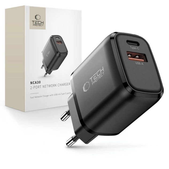 Sieninis įkroviklis juodas su USB-A / USB-C greitu įkrovimu 30W