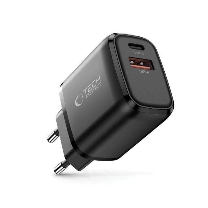 Sieninis įkroviklis juodas su USB-A / USB-C greitu įkrovimu 30W