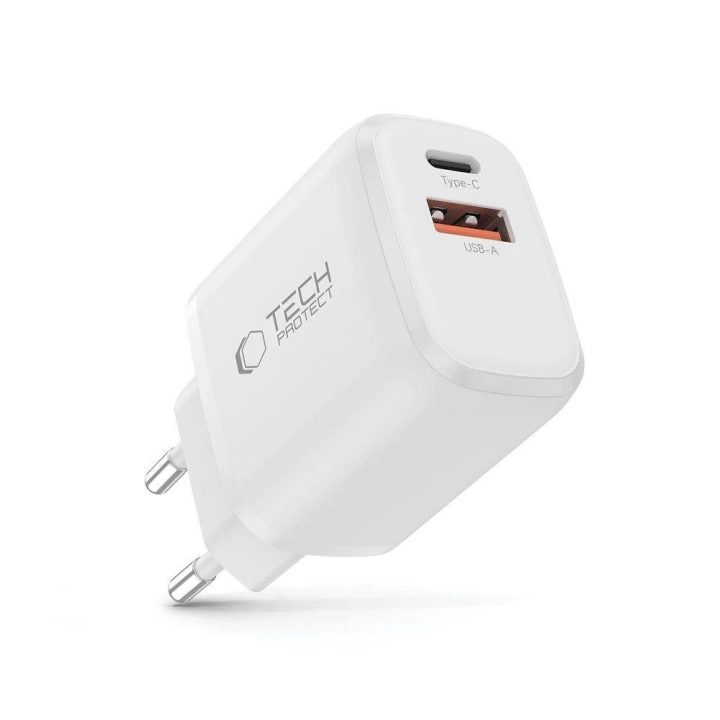Sieninis įkroviklis baltas su USB-C ir USB-A jungtimis 30W