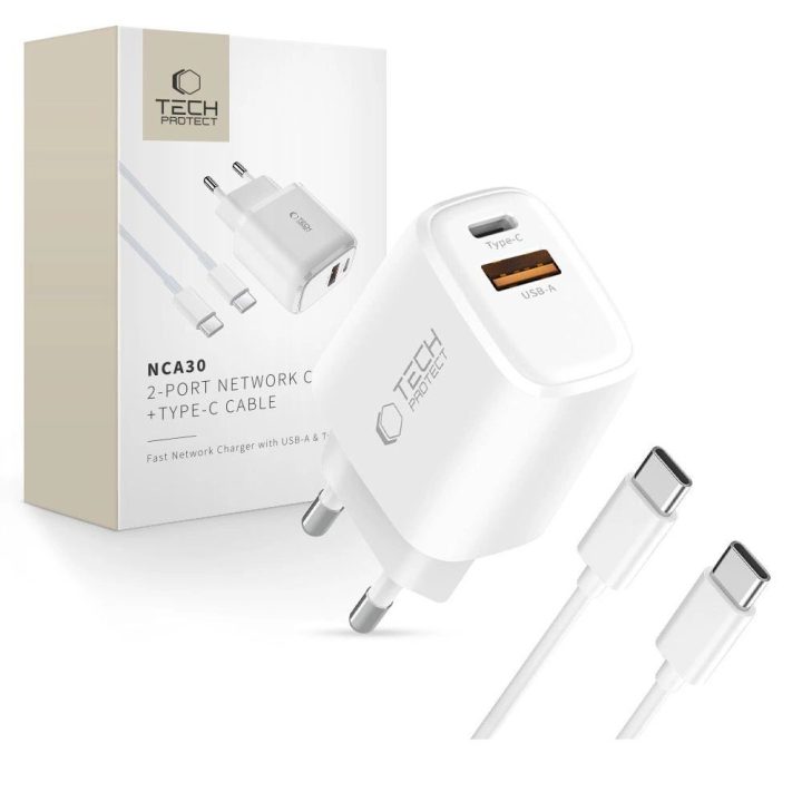 Sieninis įkroviklis su USB-C / USB-A, 30W greitas įkrovimas, baltas –