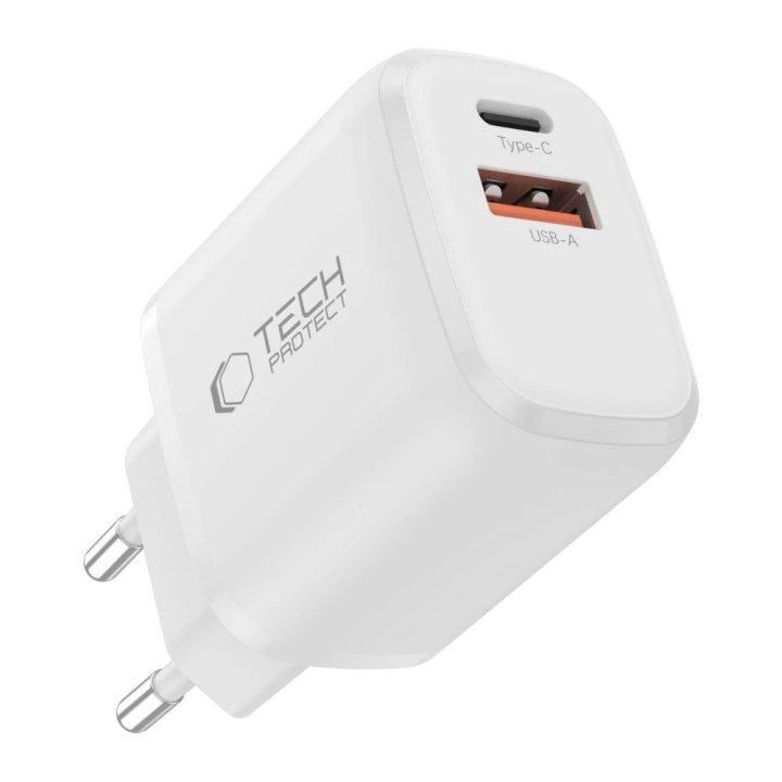 Sieninis įkroviklis su USB-C / USB-A, 30W greitas įkrovimas, baltas –