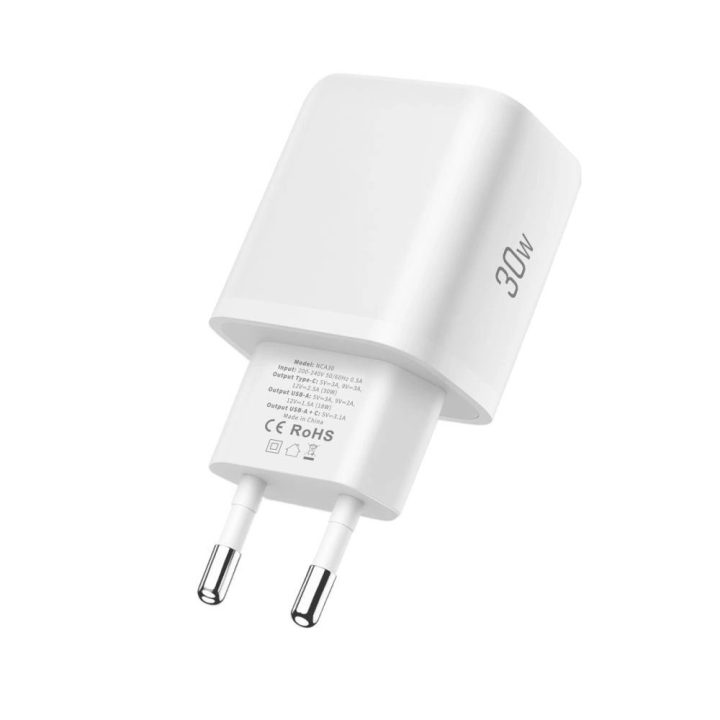 Sieninis įkroviklis su USB-C / USB-A, 30W greitas įkrovimas, baltas –