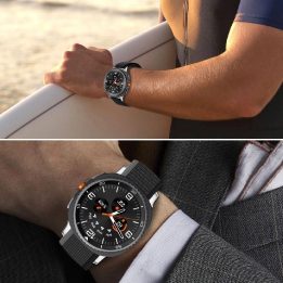 Dirželis laikrodžiui juodas ir oranžinis nailoninis Samsung Galaxy 40–46 mm