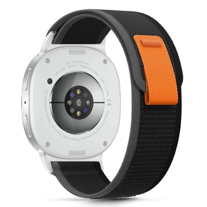 Dirželis laikrodžiui juodas ir oranžinis nailoninis Samsung Galaxy 40–46 mm