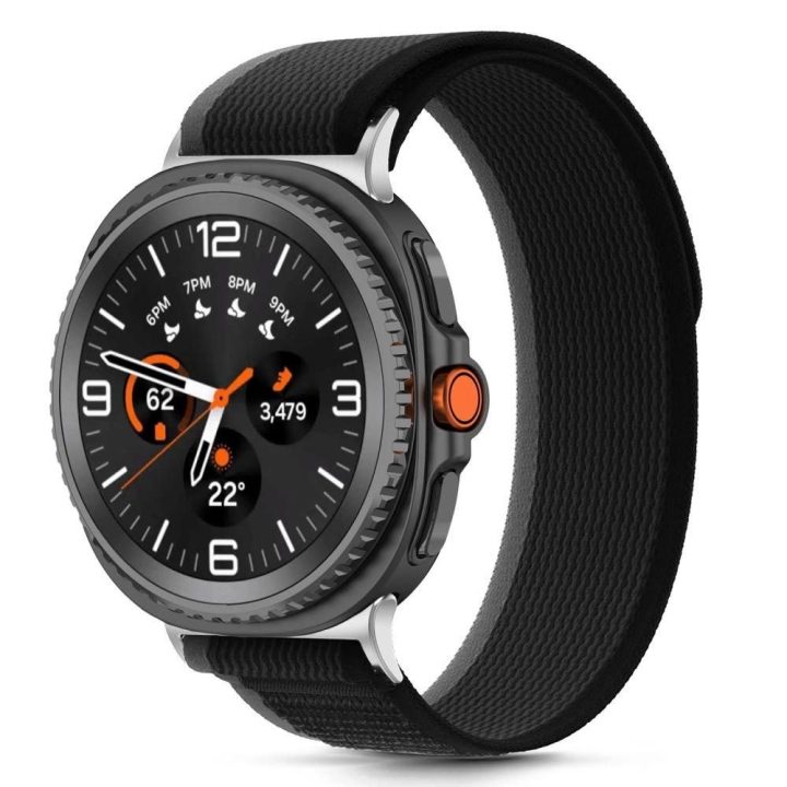 Dirželis laikrodžiui juodas ir oranžinis nailoninis Samsung Galaxy 40–46 mm