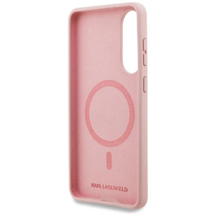 Dėklas telefonui rožinis silikoninis su MagSafe Samsung Galaxy S25 Karl Lagerfeld