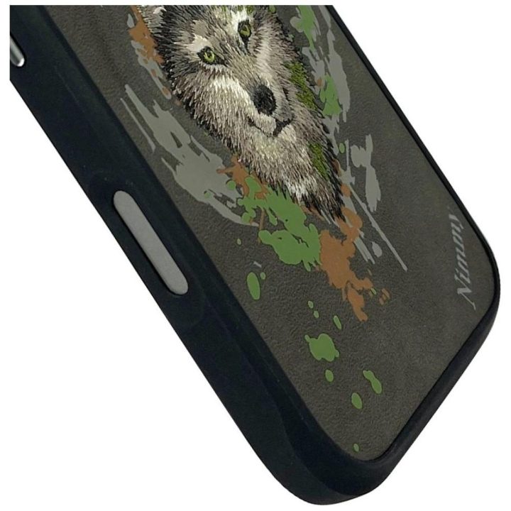 Dėklas telefonui pilkas su vilko piešiniu ir MagSafe iPhone 16 Pro Nimmy