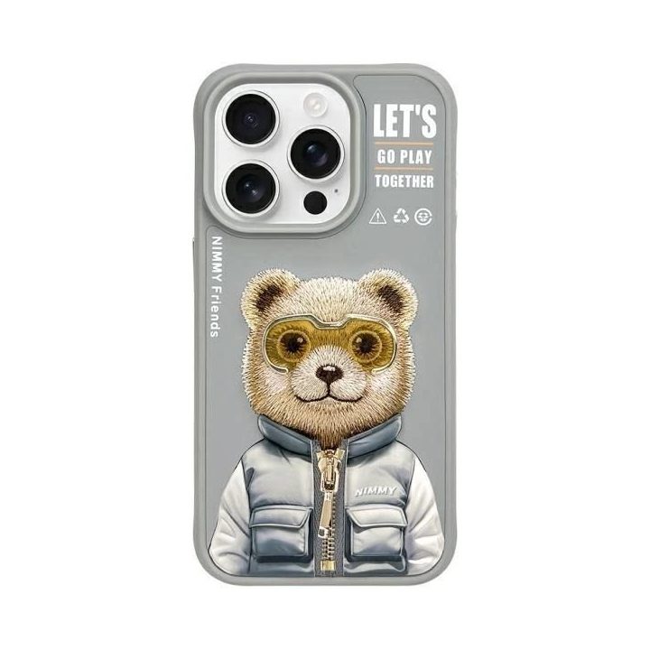 Dėklas telefonui pilkas su meškučiu iPhone 15 Pro Nimmy