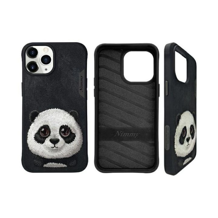 Dėklas telefonui juodas su siuvinėta panda iPhone 15 Pro Nimmy