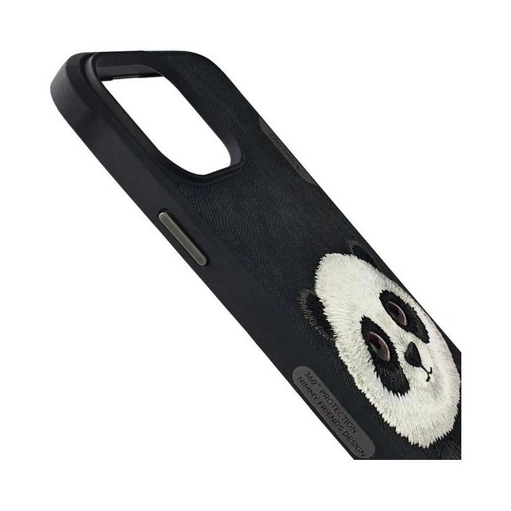 Dėklas telefonui juodas su siuvinėta panda iPhone 15 Pro Nimmy