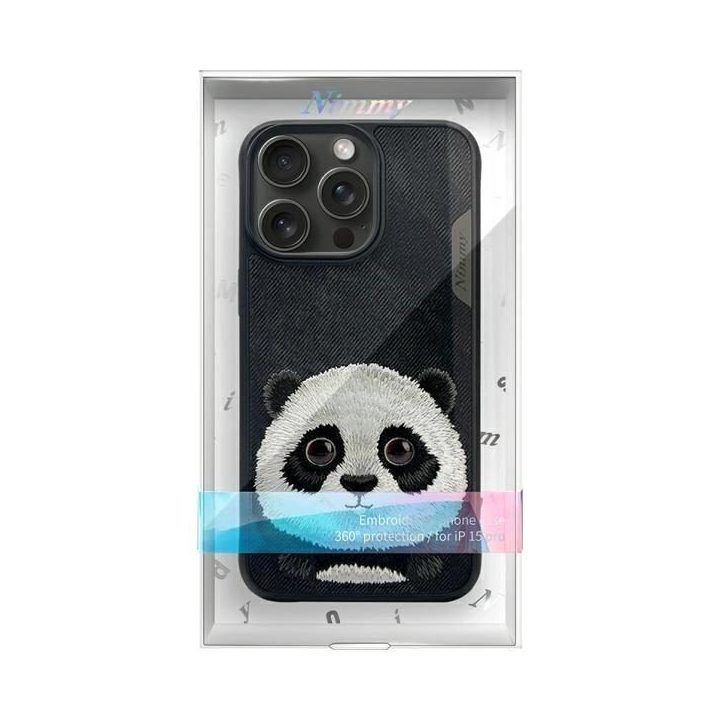 Dėklas telefonui juodas su siuvinėta panda iPhone 15 Pro Nimmy