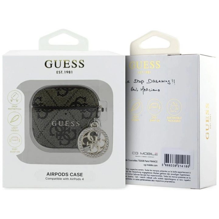 Dėklas AirPods 4 ausinėms rudas su pakabuku Guess