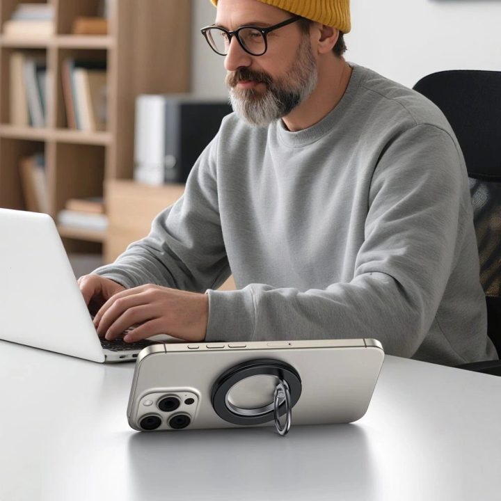 Laikiklis telefonui su žiedu, juodas, magnetinis Magsafe