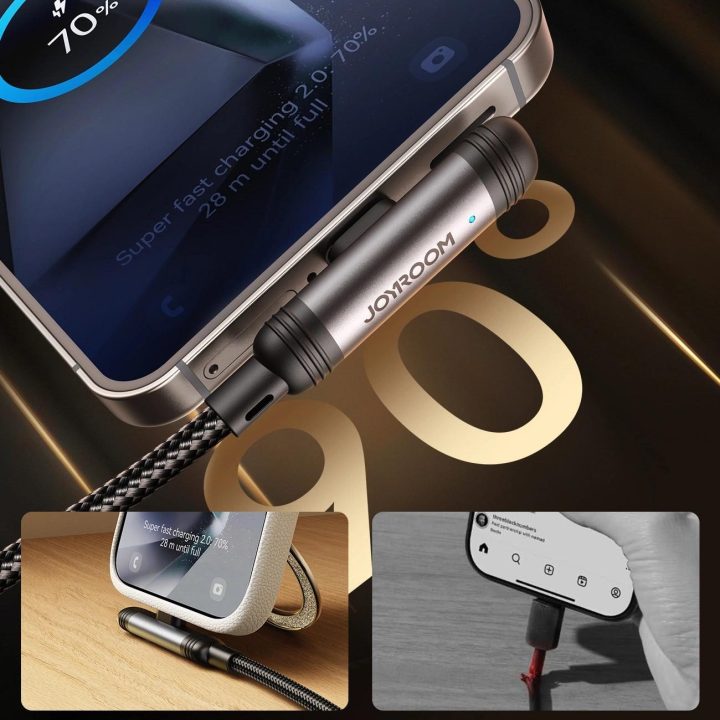 Įkrovimo laidas USB-C juodas 90° kampu 1.2 m