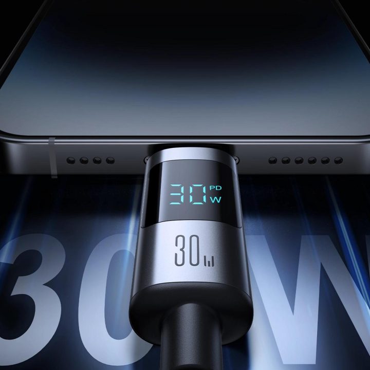 Įkrovimo laidas juodas su ekranu USB-C – Lightning 30W 1.2 m