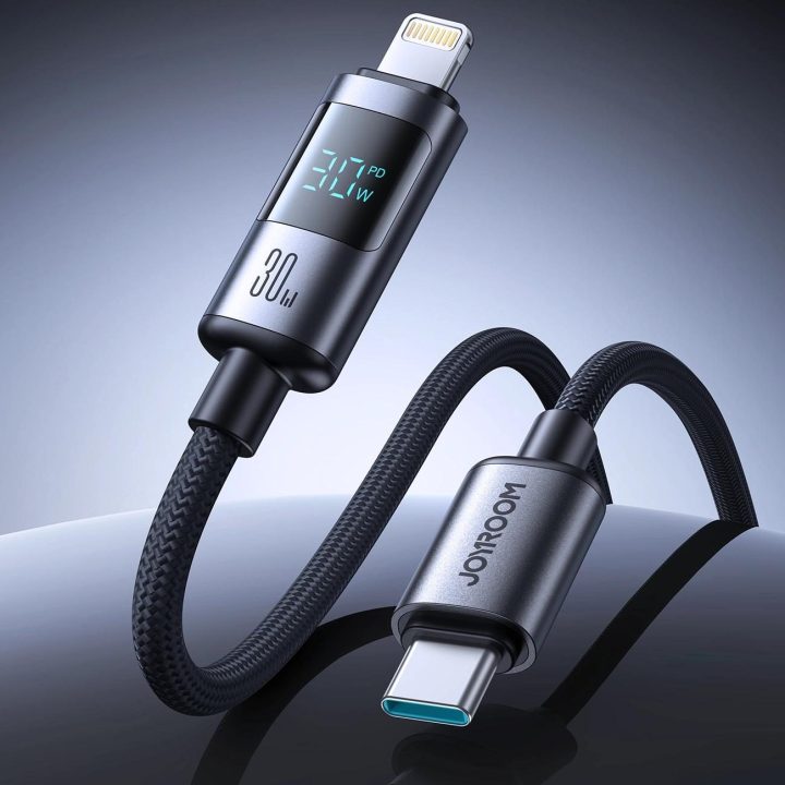 Įkrovimo laidas juodas su ekranu USB-C – Lightning 30W 1.2 m