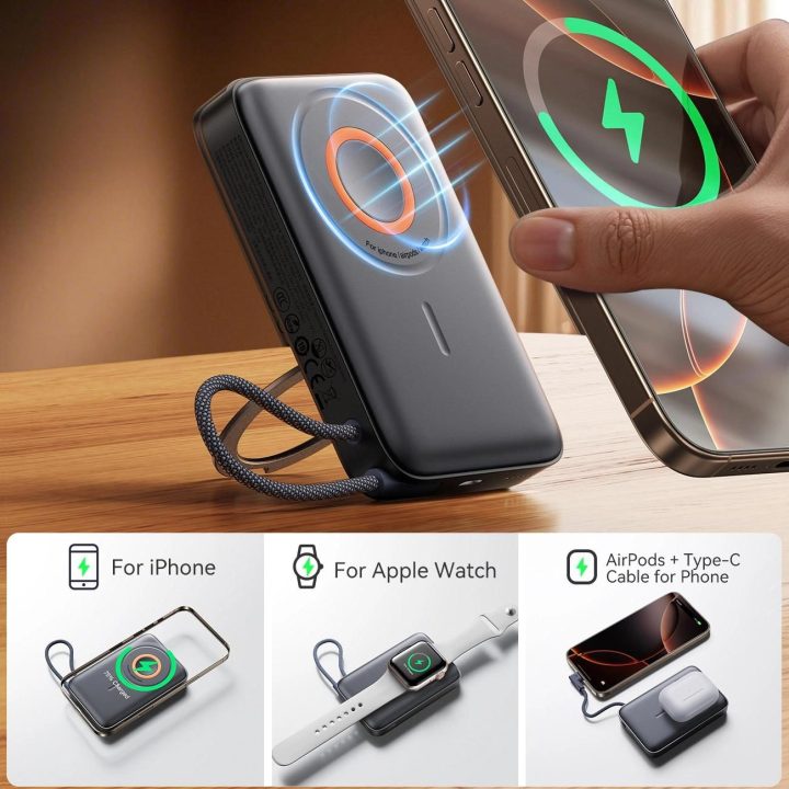 Išmanioji baterija juoda 10000mAh su MagSafe ir laidu