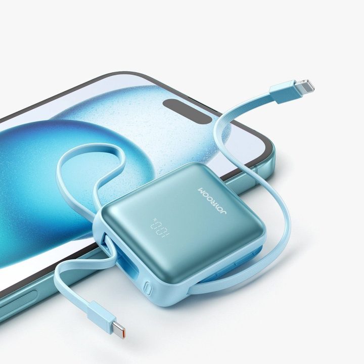 Išorinė baterija mėlyna su integruotais laidais 10000mAh