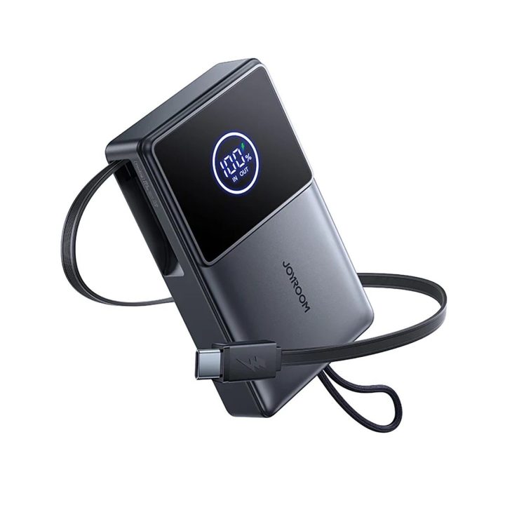 Išorinė baterija juoda su USB-C laidu ir ekranu 10000mAh