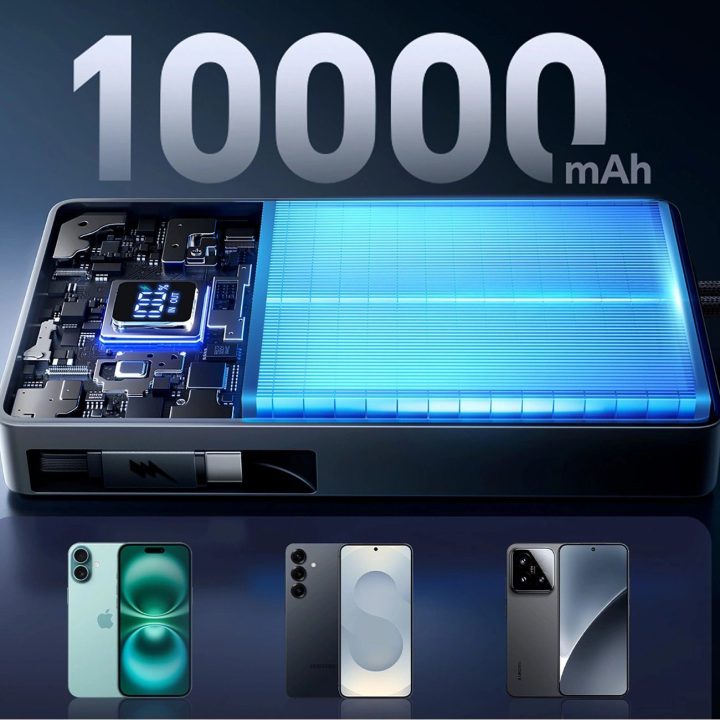 Išorinė baterija juoda su USB-C laidu ir ekranu 10000mAh