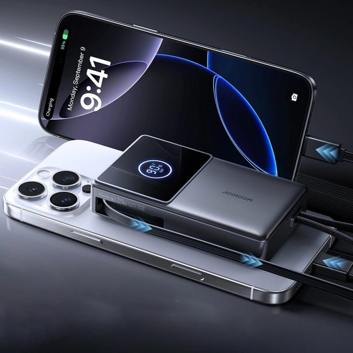 Išorinė baterija juoda su USB-C laidu ir ekranu 10000mAh