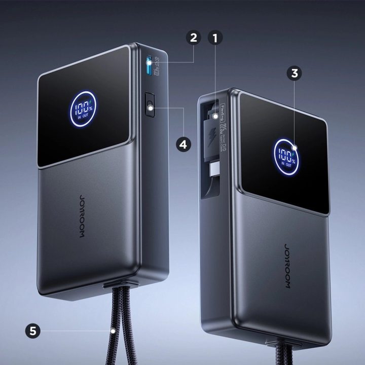 Išorinė baterija juoda su USB-C laidu ir ekranu 10000mAh