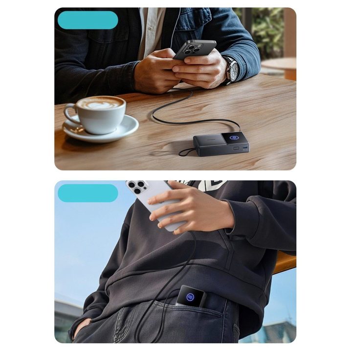 Išorinė baterija juoda su USB-C laidu ir ekranu 10000mAh